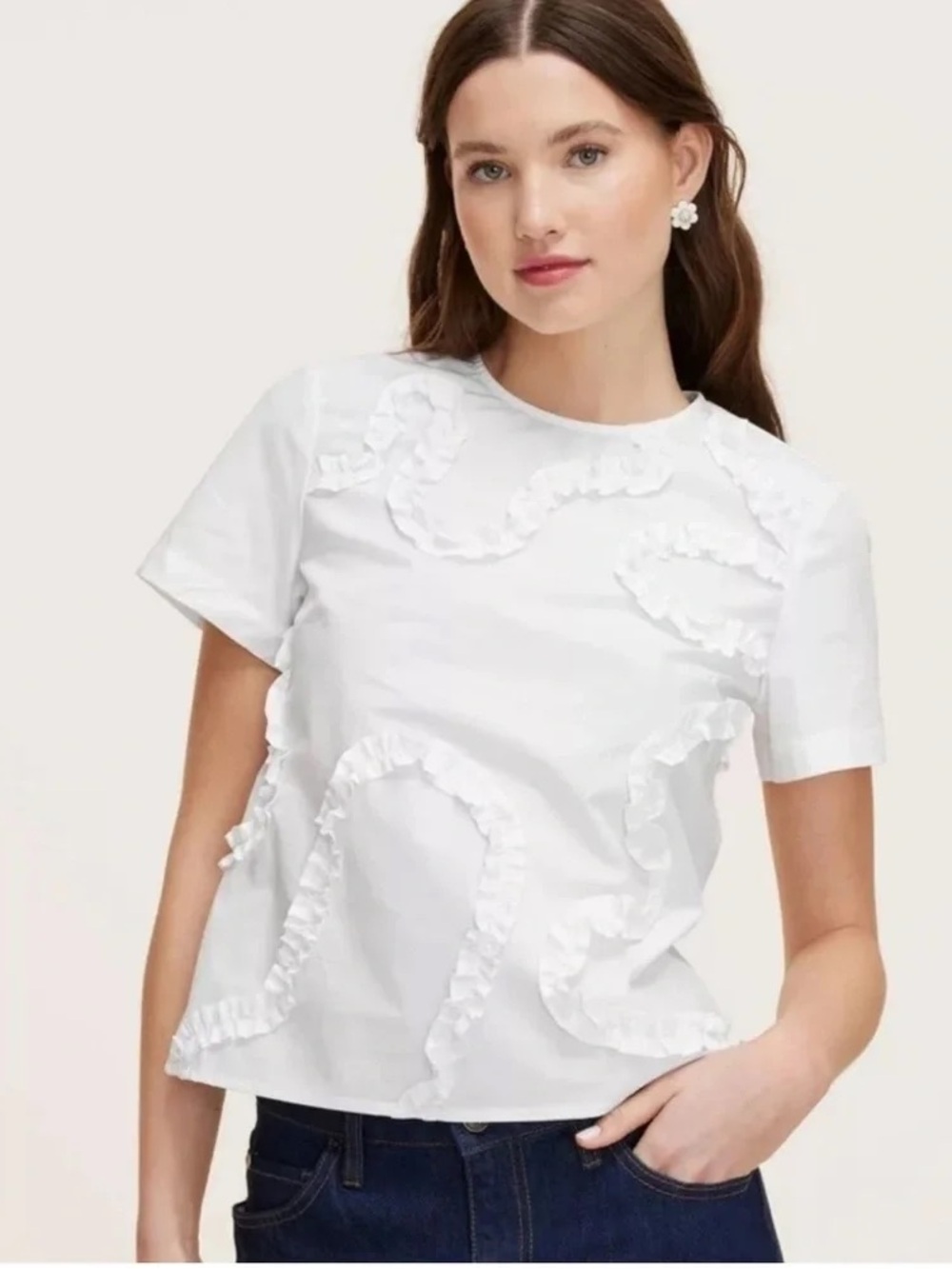 Kate Spade x Target White Ruffle Short Sleeve Top Boxy Cotton Top Size Large